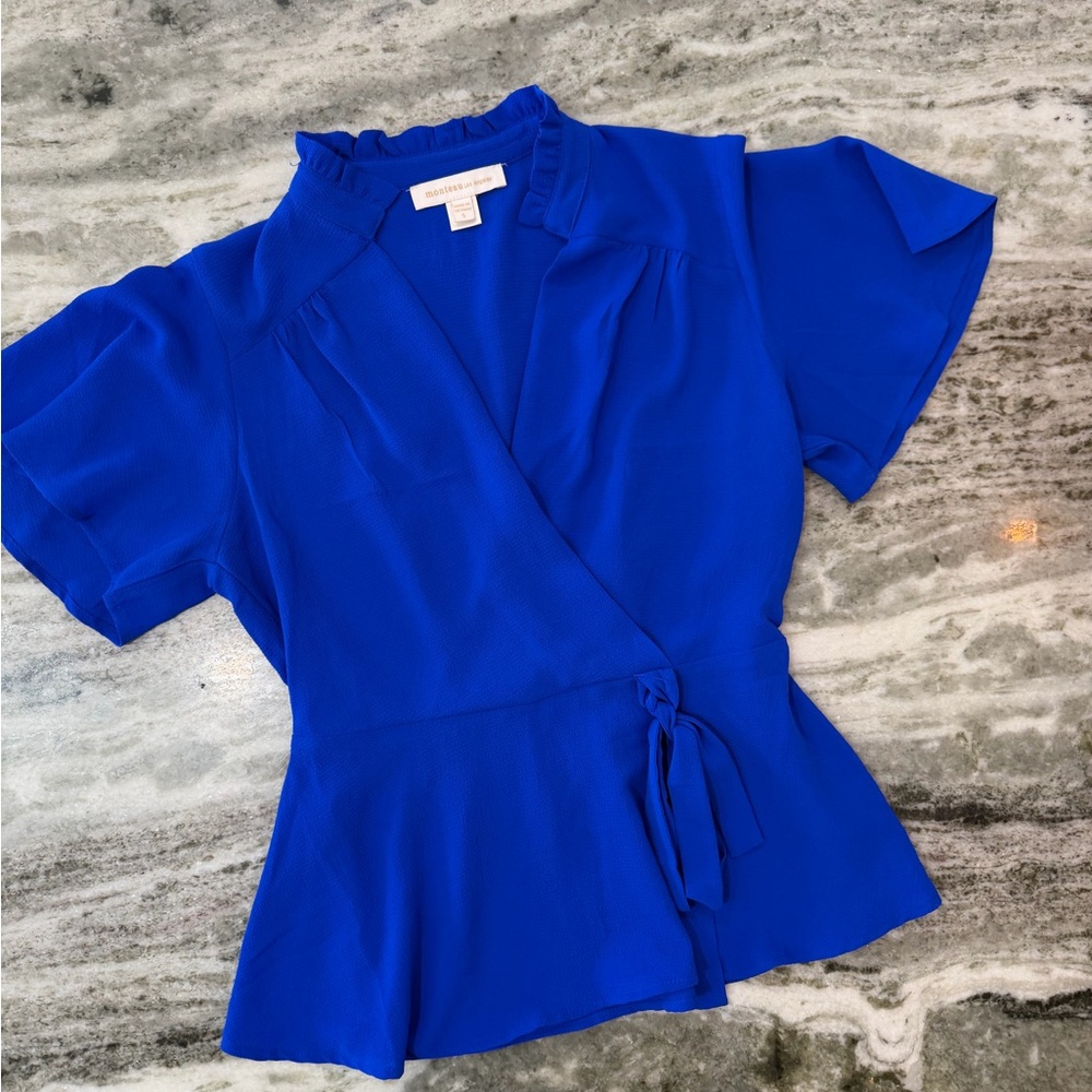 Monteau Royal Blue Wrap Blouse Too Size Small